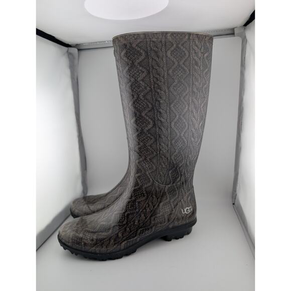 Ugg Rain Boots Size 7 Knee High Women's Gray Cable Knit Pattern Rubber - Picture 4 of 11